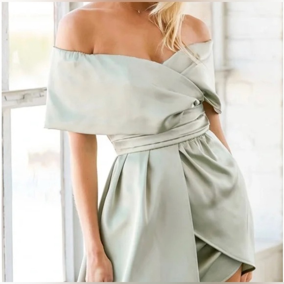 Lulus Womens Off the Shoulder Dress Asymmetrical Hem Satin Green - Picture 2 of 13